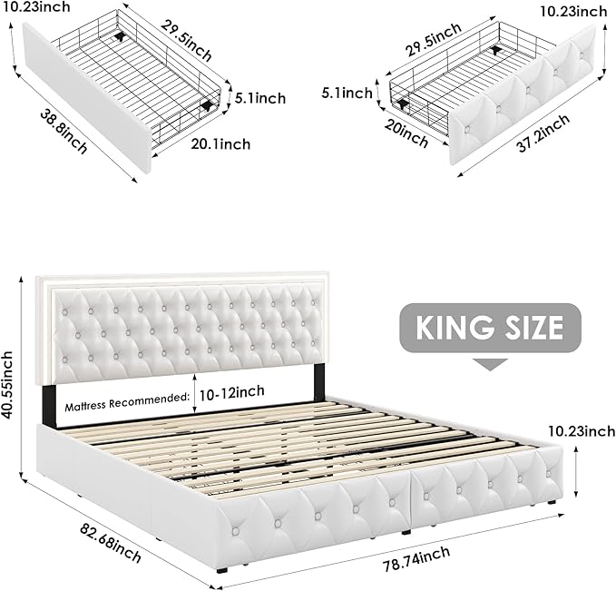 Keyluv King Upholstered LED Bed Frame with 4 Drawers, Pu Leather Platform Storage Bed with Adjustable Button Tufted Headboard and Solid Wooden Slats Support, No Box Spring Needed, White