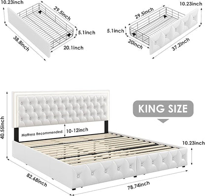 Keyluv King Upholstered LED Bed Frame with 4 Drawers, Pu Leather Platform Storage Bed with Adjustable Button Tufted Headboard and Solid Wooden Slats Support, No Box Spring Needed, White