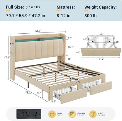 Allewie Vertical Tufted Full Size Upholstered Platform Bed Frame with 2-Tier LED Storage Headboard & 2 Storage Drawers, USB & Type-C Charging Ports, Noise-Free/No Box Spring Needed, Beige