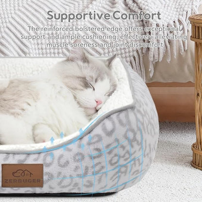 Rectangle Cat Dog Bed for Large Medium Small Pets Indoor Outdoor Machine Washable Sleeping Sofa Non-Slip Bottom Soft Puppy Bed Durable Orthopedic Calming Pet Cuddler (Small, White Leopard)
