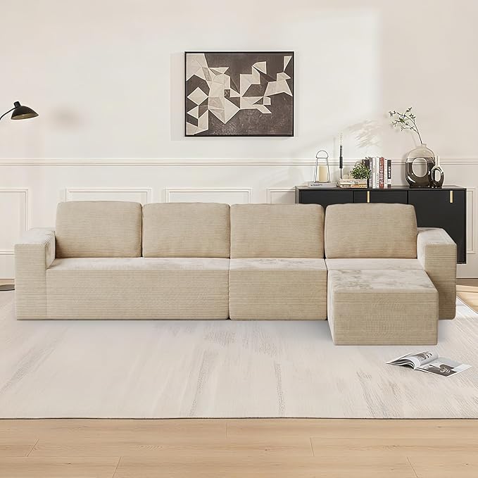 136" Cloud Sectional Couch, Left/Right Facing Convertible Sofa with Deep Seat, L-Shape Modular Upholstered Foam Couch for Living Room Bedroom, No Assembly Required (Corduroy Fabric, Beige)