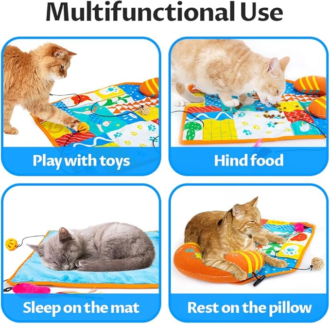 2-in-1 Cat Mat with Pillow for Small Medium Large Cats,Cute Cat Catnip Toys,Soft Plush Crinkle Toys for Kitten Sleeping Snuffing Playing,Machine Washable Pet Cushion Pad Mat Cat Gifts