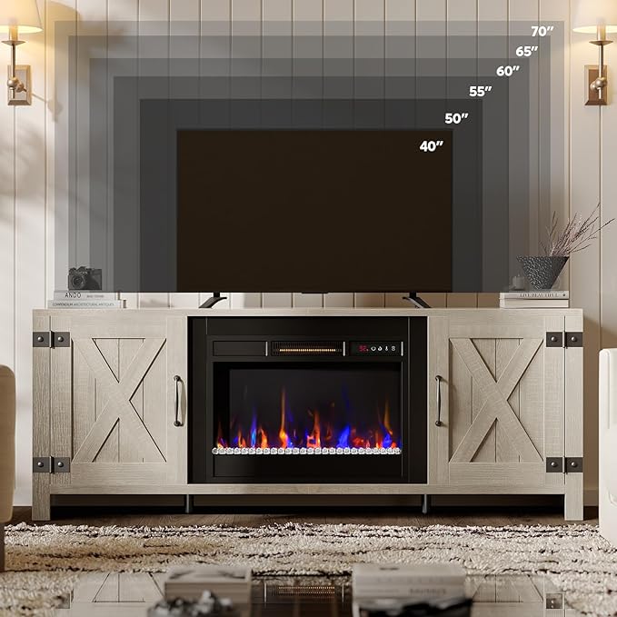 Bestier 63" Fireplace TV Stand for TVs Up to 70", Farmhouse Barn Door
