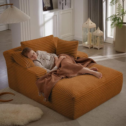 50 Inches Chaise Lounge Indoor, Oversized Chaise Lounge Chair with 3 Throw Pillows and Armrests, Corduroy Upholstered Plush Sofa Bed Lazy Chair Bed Sleeper Chair for Living Room Apartment (Orange)