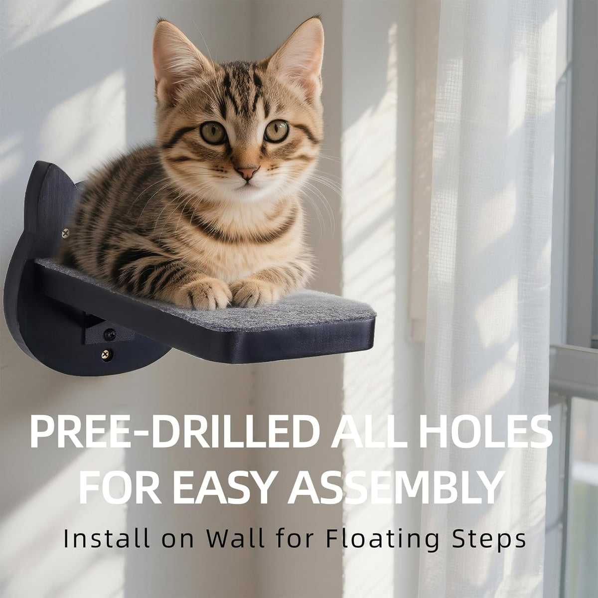 ESPETS Black Painted Solid Wood Cat Wall Climbing Steps Set of 3 - Wall Mounted Cat Floating Furniture Shelves and Perches, Sturdy Climber Stairs Ladders - Holds up 30lbs