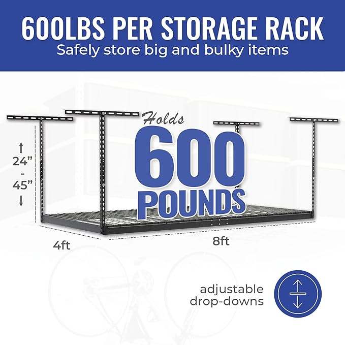 SafeRacks Overhead Storage Rack, Heavy Duty 600 lb Capacity, Adjustable Garage