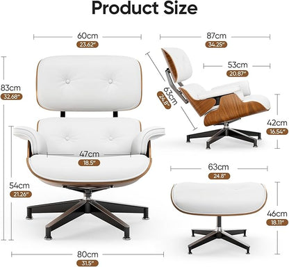 Top White PU Leather, Mid Century Chaise Lounge Chair and Ottoman, Modern Chair Classic Design, Walnut Wood, Heavy Duty Base Support for Living Room Office