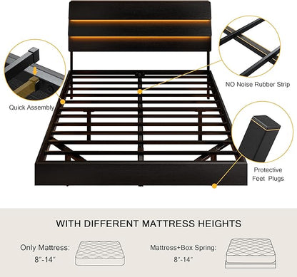 Floating Bed Frame Full Size with Led Headboard and Charging Station, Metal Platform Bed Base with Storage, Remote Control, Heavy Slats Support, No Box Spring Needed, Noise Free, Black
