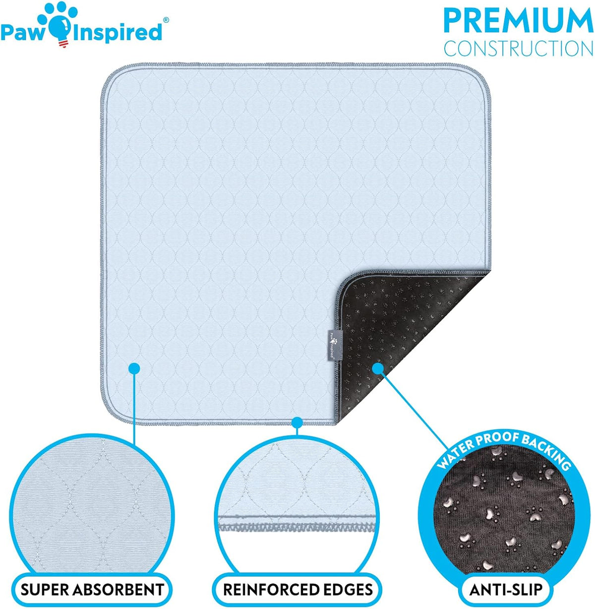 Paw Inspired Washable Pee Pads for Dogs (2 Pack), Leakproof, Non-Slip Reusable Puppy Pads for Potty Training, Whelping, Waterproof Mat (34x36 Inch, Pack of 2)