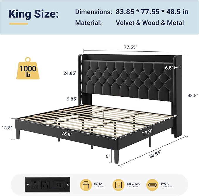 Allewie King Size Bed Frame, Storage Headboard with Charging Station, Wingback Velvet Upholstered, Diamond Stitched Button Tufted, Sturdy Wooden Slats, No Box Spring Needed, Easy Assembly, Black