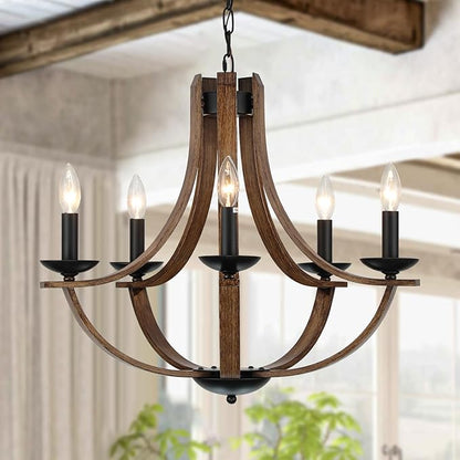 Farmhouse Chandeliers for Dining Room Light Fixture, 5-Light 24 inch Faux Wood Texture Hanging Lighting Fixtures, Rustic Candle Chandeliers for Living Room Kitchen Island Foyer Entryway