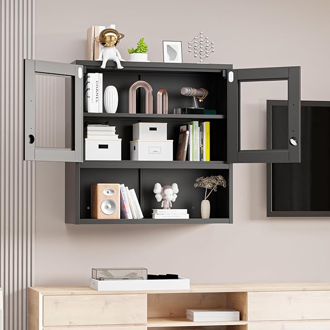 VINGLI Metal Wall Cabinet with Locking Glass Doors & Magnetic LED Sensor Light