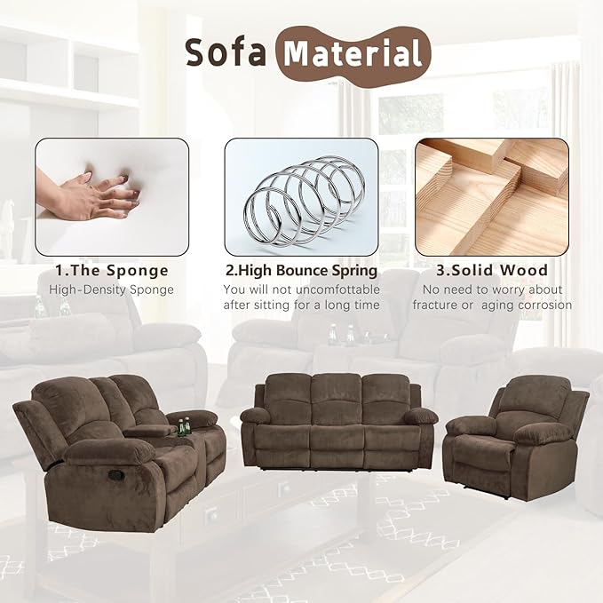 Manual Recliner Sofa Set,Microfiber Reclining Couch Set,Modern Living Room Furniture Set,Reclining Sofa Couch Chair for Living Room Home Office(Brown,3 Pieces Set)