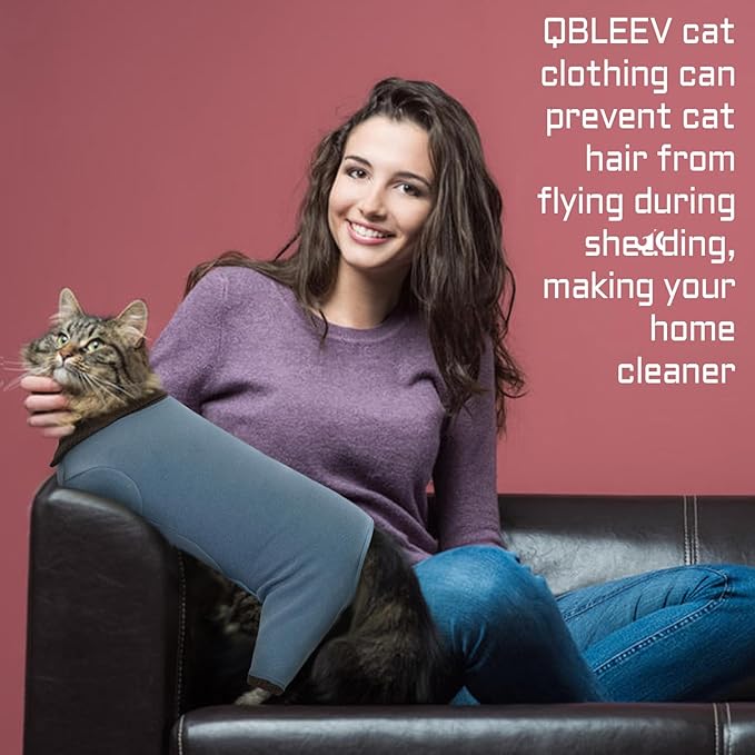 QBLEEV Cat Pajamas for Cats Only, Sticky Hair Cat Clothes, Cat Onesie for Cats After Surgery Female Male, Surgical Cat Recovery Suit Full Bodysuit, Long Sleeve Cat Shirts Outfits to Prevent Licking