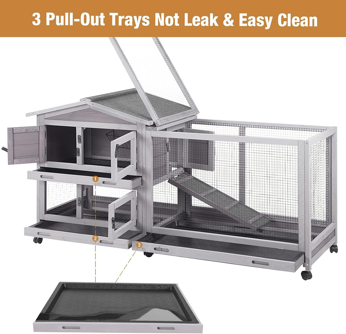 Bunny Cage Indoor and Outdoor Rabbit Hutch with Casters Waterproof Roof, Pull Out Tray from Back and Front 61.2" L x 22.6" W x 33.5" H