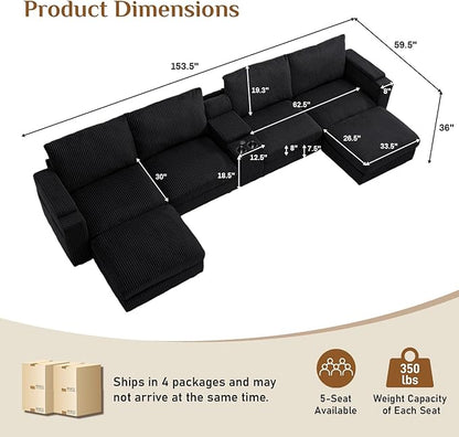 153" W x 60" D U Shape Sectional Sofa with USB Charging & Cup Holder & Storage, 6 Seater Plush Corduroy Couches with Movable Ottoman, Cloud Couch Sofas for Living Room, DIY Combination - Black