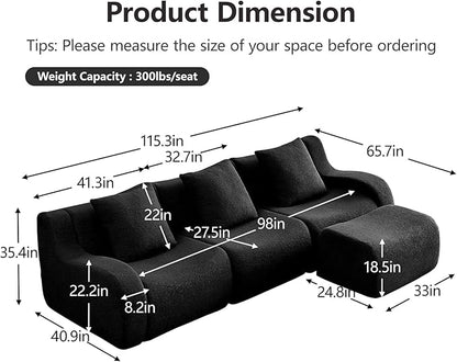 Black L-Shaped Cloud Couch with 1 Ottoman, Modern Teddy Fabric Boneless Sectional Sofa in a Box, Modular Floor Sofa for Living Room, Deep Seat, No Assembly Required, Sofas para Sala