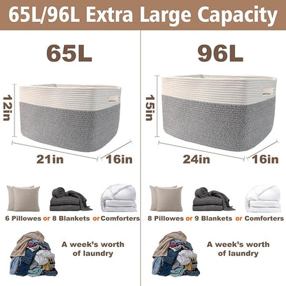 Woven Blanket Basket,65L Large Storage Bin for Blankets Toys Clothes,Decorative Rope Basket for Living Room Bedroom with Handles, White&Grey