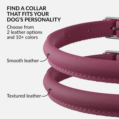 CollarDirect Rolled Leather Dog Collar, Soft Padded Round Puppy Collar, Handmade Genuine Leather Collar Dog Small Large Cat Collars 13 Colors (8-11 Inch, Pink Smooth)