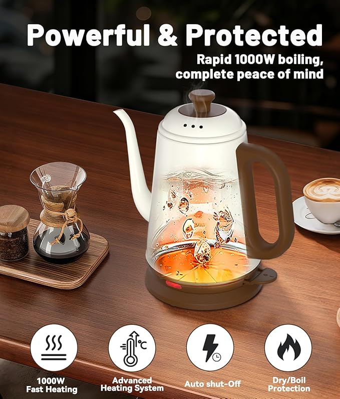 Gooseneck Electric Kettle, 1L Water Boiler, Pour Over Coffee & Tea, 1000W Fast