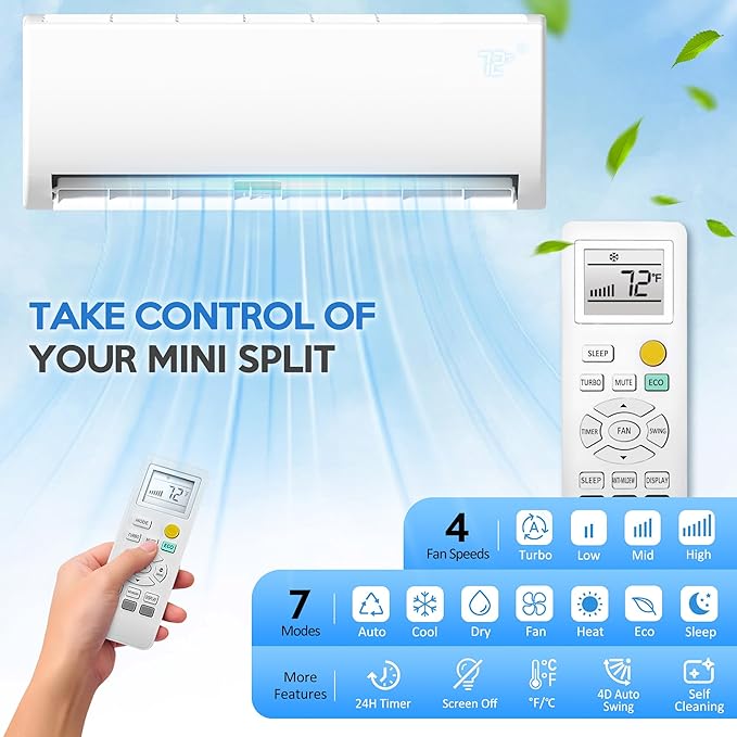 12000 BTU Mini Split Air Conditioner ＆ Heat Pump, 115V Wall Mount Ductless