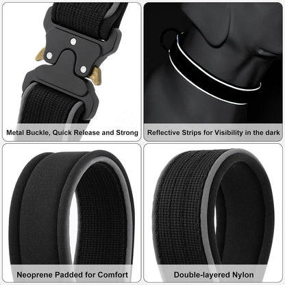 Plutus Pet Tactical Dog Collar, Reflective, Adjustable Heavy Duty Dog Collar, Soft Padded and Comfortable, for Small Medium and Large Dogs (Black, L)