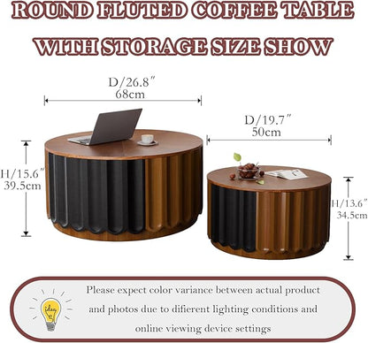 Round Nesting Coffee Table with Storage Stylish Chic Wooden Circle Center Table - Handcraft Relief Veneer for Living Room Study Balcony (F 26.8+19.7in)