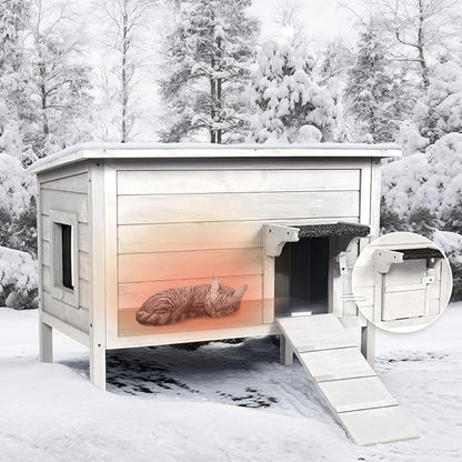 BRIOPAWS Outdoor-Cat-House-Insulated | Feral-Cat-Shelter for Winter | Weatherproof | Large Wooden Pet House for Multiple Cats | Foldable Ladder | Acrylic Side Window | White