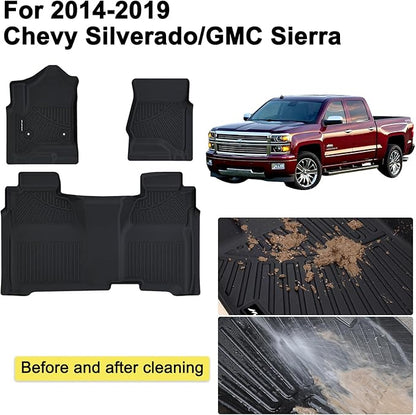 Floor Mats for 2014-2018 Chevy Chevrolet Silverado/GMC Sierra 1500 Crew Cab,2015-2019 Silverado/Sierra 2500HD 3500HD Crew Cab,TPE All Weather Protection Car Floor Liners Accessories