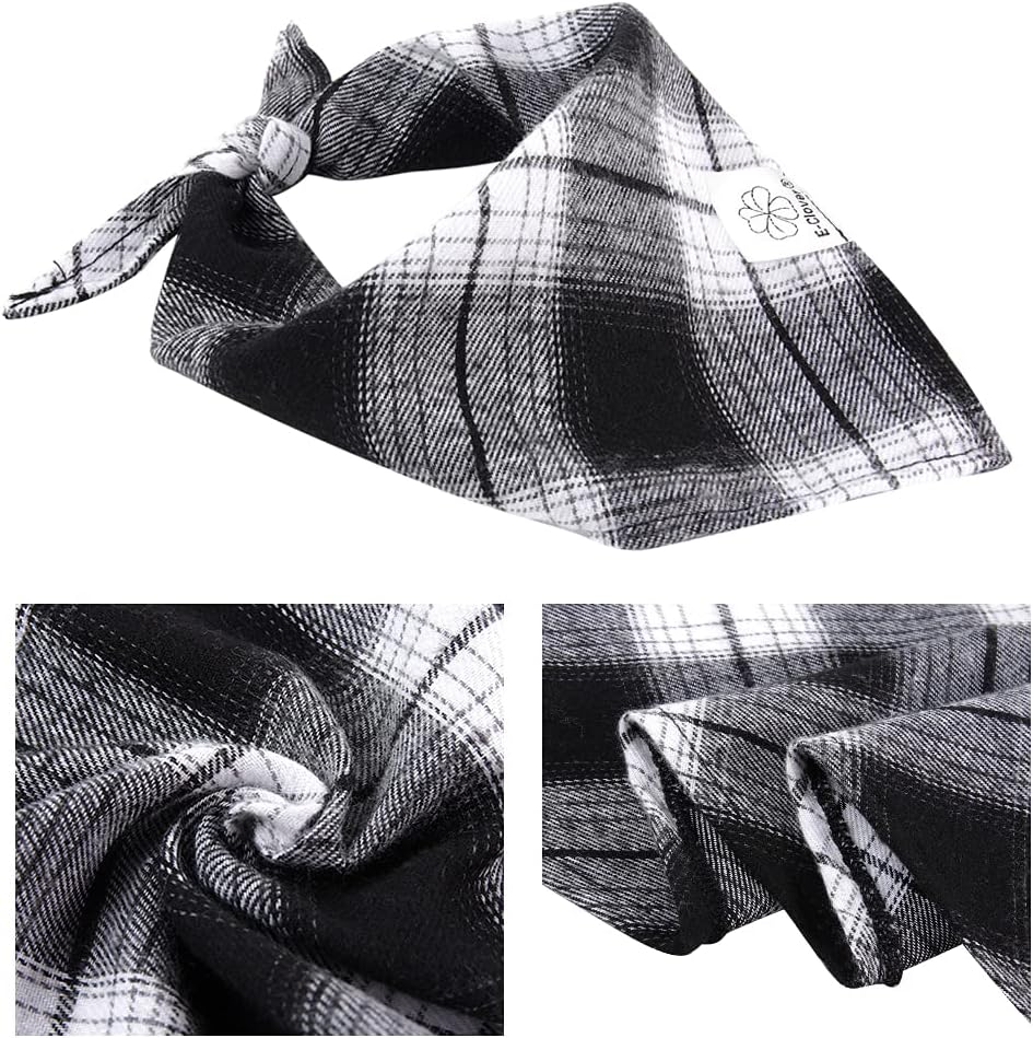 E-Clover Dog Bandanas & Matching Scrunchie Set Boy Plaid Dog Scarf Triangle Bandana Bibs for Medium Large Dog Owner Birthday Gifts Black White