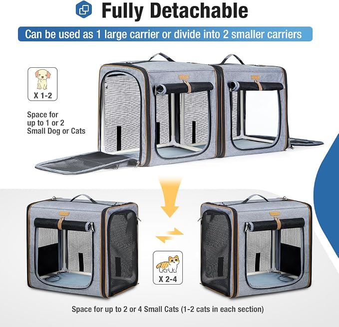Lekereise Large Cat Carrier for 2 Cats, 2-in-1 Cat Travel Carrier with Litter Box, (17.7" x2) x16.5"x13" Pet Carrier with Zipper Locks for Moving Across The Country (No Hammock) - Grey