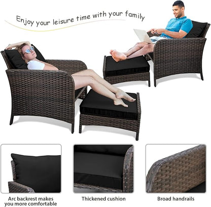 LEVELEVE Balcony Furniture 5 Piece Patio Conversation Set, PE Wicker Rattan Outdoor Lounge Chairs with Soft Cushions 2 Ottoman&Glass Table for Porch, Lawn-Brown Wicker（Black