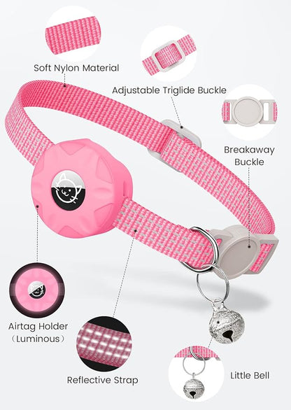 Apple AirTag Cat Collar, GPS Tracker Kitten Collar with Breakaway Feature, Lightweight and Reflective, Perfect for Girl or Boy Cats and Puppies (Luminous Pink)