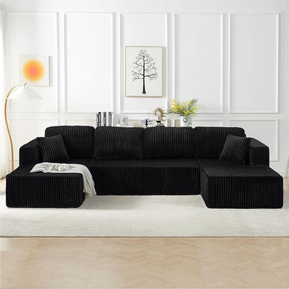 134 Inch Cloud Sectional Couch for Living Room,Corduroy Boneless Couches with L-Shape Chaise,Modern Modular Sectional Sofa with Deep Seat,No Assembly Required (Black, U-Shaped Sofa)