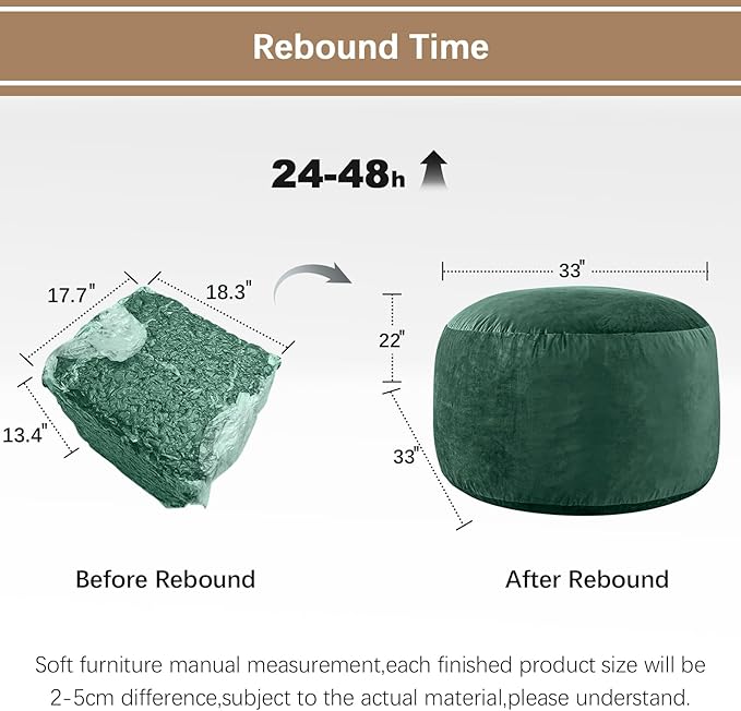 Bean Bag Chairs for Adults - Memory Foam Furniture BeanBag Chair - Kids/Teens Sofa with Soft Micro Fiber Cover - Round Fluffy Couch for Living Room Bedroom College Dorm - 3 ft, Green