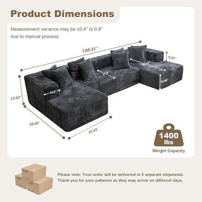 106'' Boneless Couches for Living Room, L Shaped Modular Sectional Sofa with Chaise Lounge, Faux Rabbit Fur & Layered Cushion Deep Seat Cloud Couch, No Assembly (Dark Grey, 130 U Shaped)