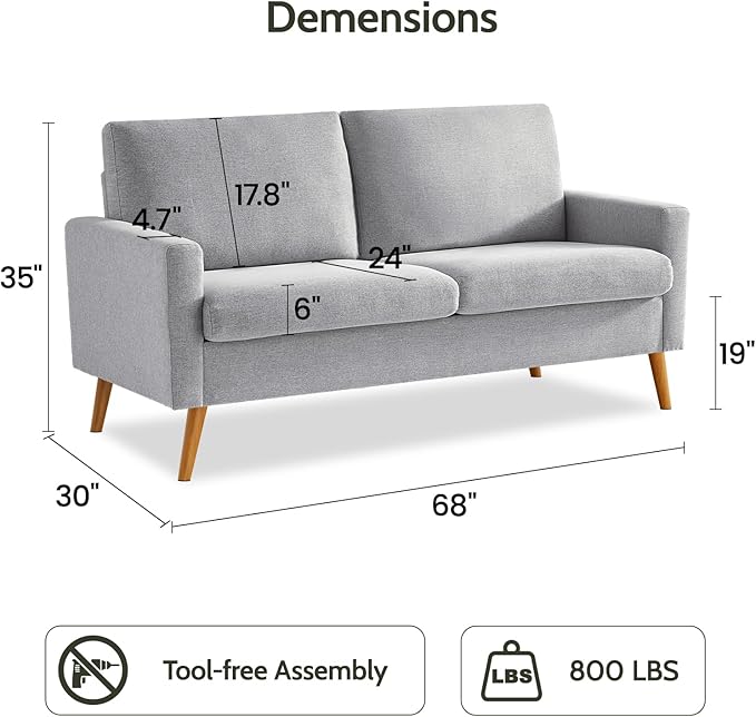 WEUP 68" Loveseat Sofa Light Grey Linen Couch, Mid Century Modern Love Seat Couches for Living Room, Small Loveseat for Bedroom Office, Comfy Sofa with Spring Cushion, Solid Wood, Tool-Free Assembly