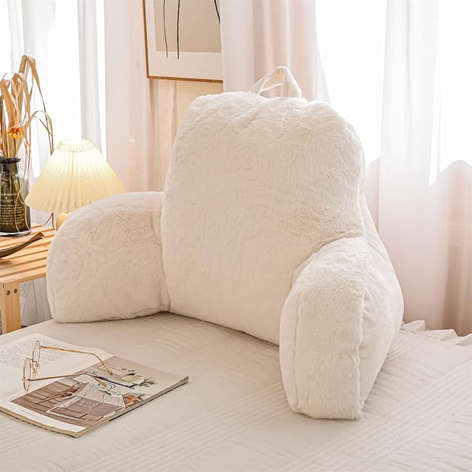 A Nice Night Faux Fur Reading Pillow Bed Wedge Large Adult Children Backrest with Arms Back Support for Sitting Up in Bed/Couch for Bedrest,Ivory,Large