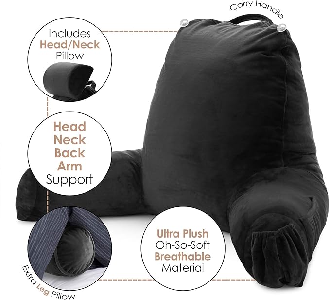 Nestl Reading Pillow with Shredded Memory Foam Includes 2 Neck and Lumber Support Pillows, Designed for Sitting Up in Bed and Couch, Back and Arms Adjustable Support for Adult & Teens, Black