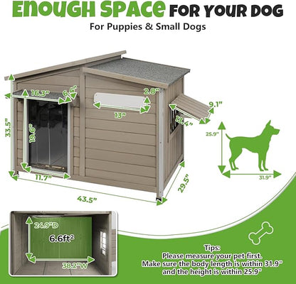 Large Outdoor Wooden Dog House, Weatherproof Dog Houses with Adjustable Vent Windows, Alloy Chew-Resistant Frame, Removable Floor for Medium & Large Dogs (43.5" L x 29.5" W x 33.5" H)