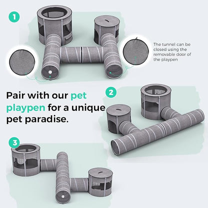 Cat Tunnel 4 Way with Teaser Wand & 2 Plush Ball, 5 Shapes Available, 54/80.7" L, H-Shaped Collapsible Pet Play Tube Maze for Kitten Puppy Bunny Ferret Rabbit, Indoor/Outdoor Peekaboo Cave