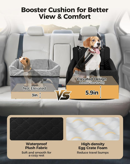 Dog Car Seat for Small & Medium Dogs Under 35lbs, Detachable & Washable Pet Car Seat, Interior Height 6 Inches Pet Travel Bed with Storage Pockets and 2 Dog Safety Belts (Black)