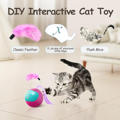 Migipaws Interactive Cat Ball Toy Set, Fun Tracker, Automatic Rolling Chase Ball with Fluffy Tail, A Small Mice, Rechargeable (Rose)