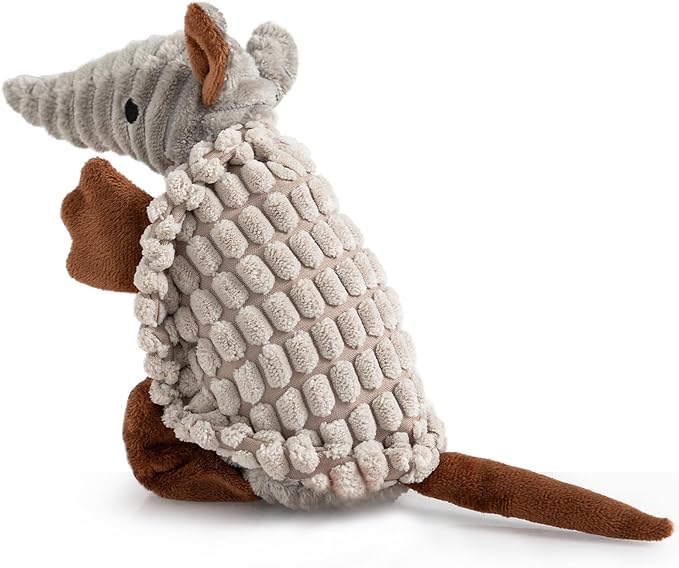 Hollypet Plush Dog Squeaky Toy Stuffed Armadillo Animal Pet Puppy Chew Toys with Clean Teeth for Small Medium Large All Breed Sizes Dogs, Light Gray, 8 in