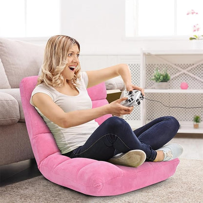 Folding Floor Chair w/Back Support, 14-Position Adjustable Lazy Sofa Chair w/Coral Velvet Fabric & Alloy Steel Frame, Portable Meditation Chair for Reading, Gaming,Sleeping (Pink)