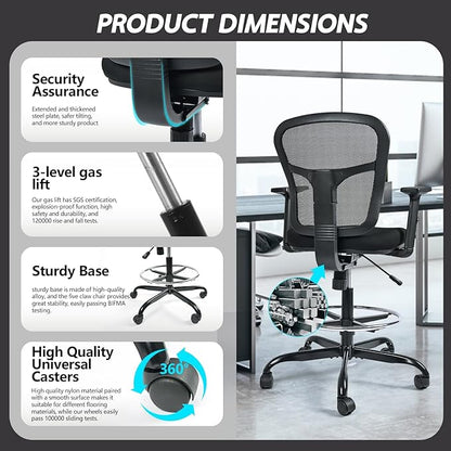Drafting Chair, Tall Office Chair Ergonomic Standing Desk Chair,Rolling Desk Chair with Adjustable Armrest & Foot Ring,SGS Certified Gas Cylinder,High Rebound Sponge. (Black)