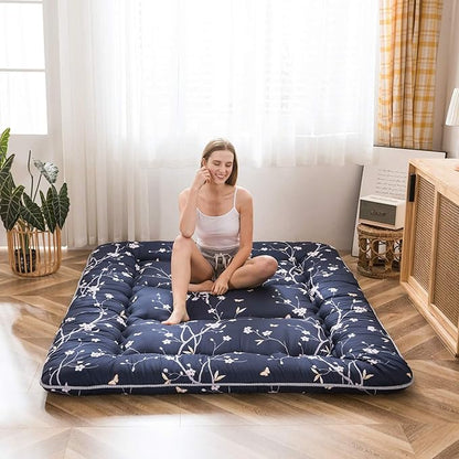 MAXYOYO Japanese Floor Mattress Navy Floral Printed Futon Mattress Foldable Floor Bed Roll Up Camping Mattress Floor Lounger Queen Size Bed Mattress