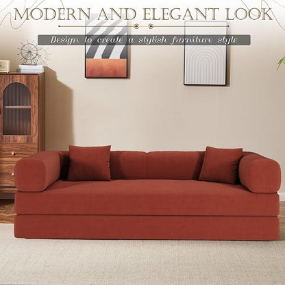 Antetek Convertible Futon Sofa Bed, 3-Seater Modern Corduroy Foam Floor King Size Bed Fold Out Sleeper Lounge Loveseat Sofa Couch with 2 Throw Pillows for Living Room Bedroom Guest Room, Tangerine