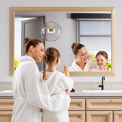 Amorho Bathroom Mirror, 50 X36 Inch Wall Mirror, Oak Wood Grain Metal Framed