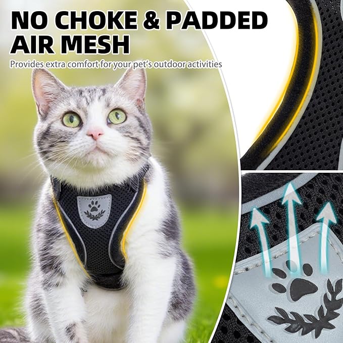 PUPTECK Cat Harness and Leash Set Escape Proof Reflective Cat Walking Harness Adjustable Soft Breathable Mesh Vest for Small Pets, Black, M